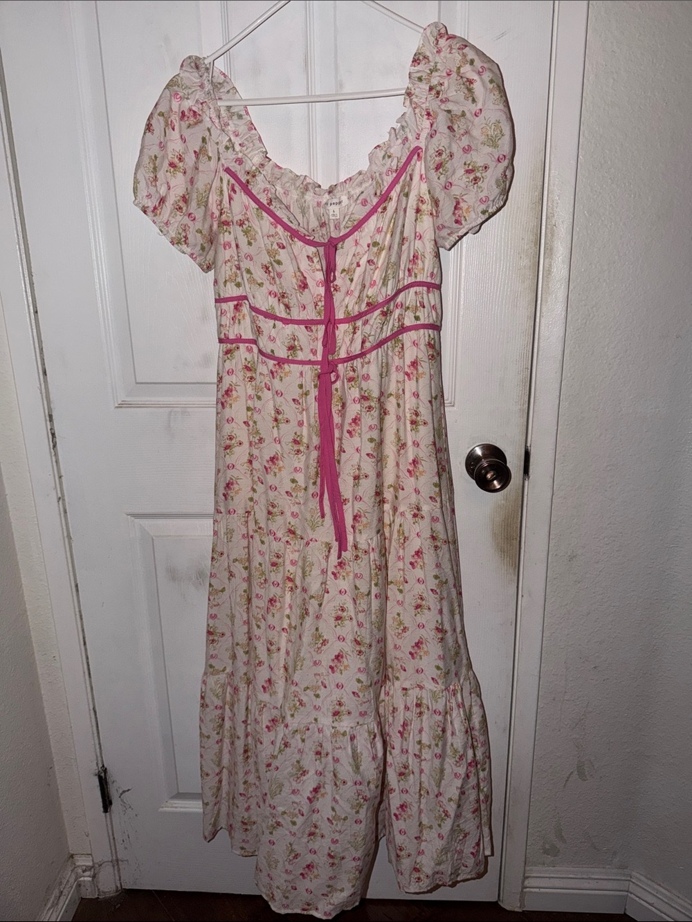 Blu Pepper Cream Maxi Dress with Pink Floral Print and Pink Trim